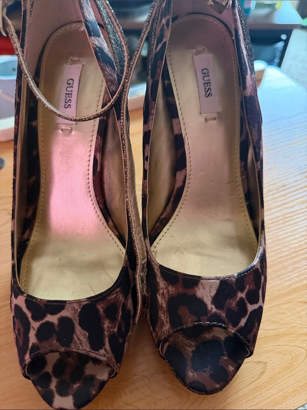 GUESS Leopard Print Peep-Toe Heels with Gold Glitter Accents